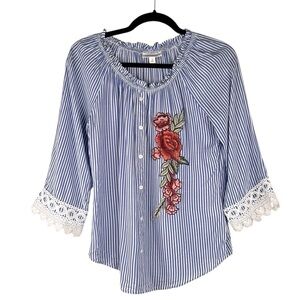 Westport Boho Blue & White Striped Floral Embroidered Flowy Summer Top Small